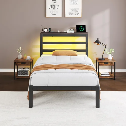 Miniatura 8 de E-Motie Marco de cama tamaño doble con cabecera de almacenamiento, plataforma industrial con estación de carga y luces LED, espacio