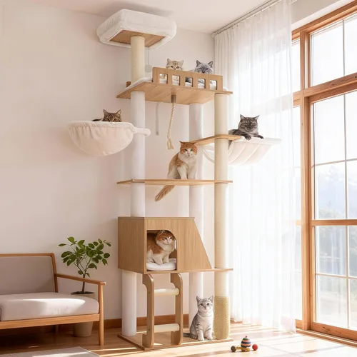 Miniatura 10 de Hey-brother Árbol de madera para gatos, torre de muebles para gatos de 69.7 pulgadas con plataformas grandes, hamacas, condominio espacioso, postes