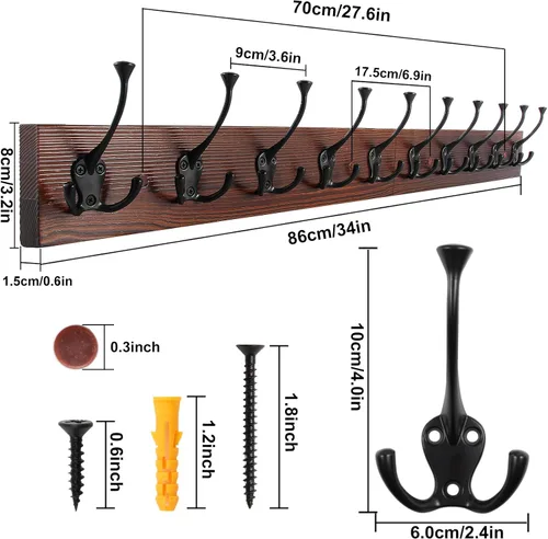 Miniatura 2 de IBosins Perchero de pared de 34'' con 10 ganchos tri-decorativos, colgador de abrigos de madera resistente, barra de ganchos rústicos para entrada