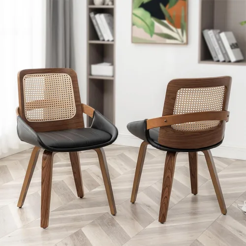 Miniatura 11 de Sillas de comedor de caña – Sillas de comedor modernas de mediados de siglo con marco de madera curvada de nogal, respaldo ergonómico de ratán