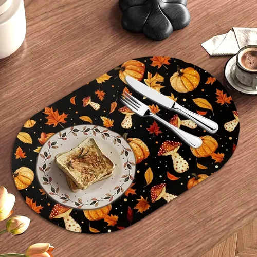 Miniatura 6 de Non Slip Placemats Set of 6 Pumpkin Mushroom Theme Waterproof Wipeable Faux Leather for Thanksgiving Family Feast Heat Resistant Dining Table Mats