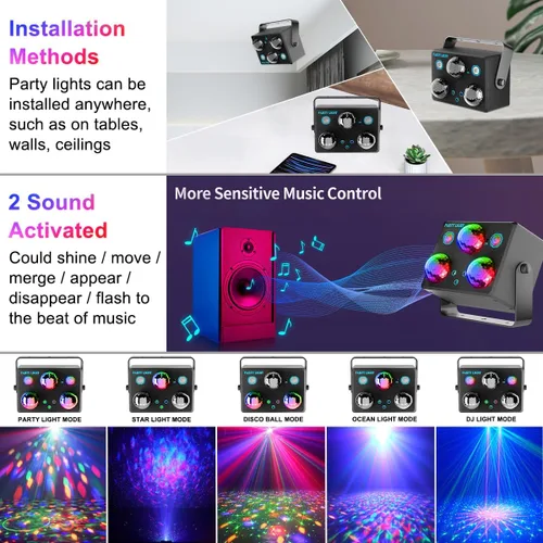 Miniatura 4 de Luces de fiesta, luz estroboscópica DJ de discoteca, proyector de bola de discoteca para escenario, efecto de rave, luz para clubes de baile, sonido