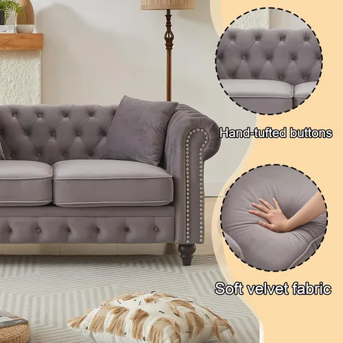 Miniatura 3 de Juego de 2 sofás Chesterfield de terciopelo de 85.5 pulgadas, 3 plazas + 63.5 pulgadas, sofá moderno con brazos enrollados y 2 cojines para sala