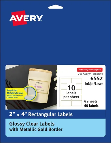 Avery Etiquetas transparentes brillantes imprimibles, etiquetas rectangulares de 2 x 4 pulgadas, transparentes, borde dorado metálico, adhesivo