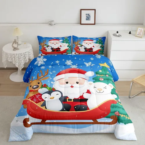 Juego de edredón de Navidad de dibujos animados para niños, tamaño individual, juego de ropa de cama Kawaii de Papá Noel, pingüino, ciervo, para
