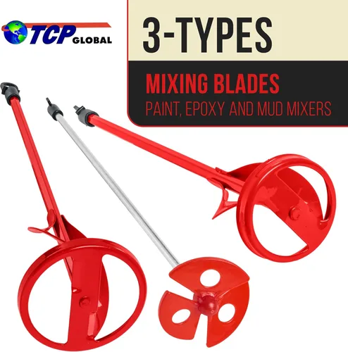 Miniatura 2 de TCP Global Accesorio mezclador de pintura (juego de 3) – Mezclador de paletas de taladro de 14 pulgadas con ejes hexagonales de 3/8 y 5/16 pulgadas