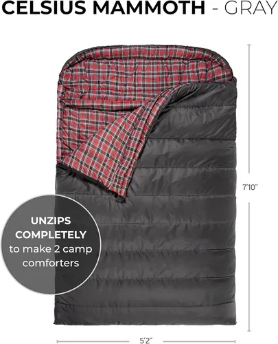 Miniatura 2 de Teton Mammoth - Saco de dormir doble tamaño Queen - Una bolsa cálida que toda la familia puede disfrutar, ideal para camping, caza y campamento Gris