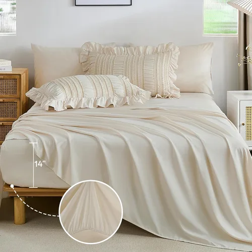 Miniatura 3 de WONGS BEDDING Juego de edredón individual, 6 piezas de cama beige en una bolsa para dormitorio, edredón bohemio con volantes para cama individual