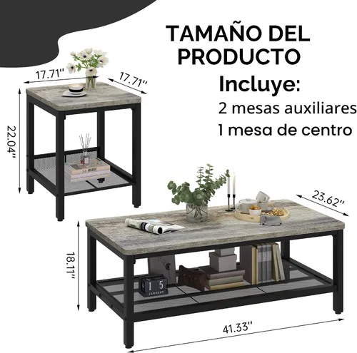 Miniatura 3 de Conjunto de 3 mesas de café AWQM, mesa de café industrial con 2 mesas auxiliares cuadradas, conjunto de mesas modernas para sala de estar con marco