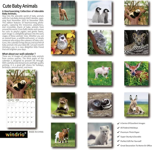 Miniatura 2 de Calendario de pared 2026, calendario 2026, noviembre de 2025 a diciembre de 2026, calendario de pared de animales bebés, 12 x 24 pulgadas abierto