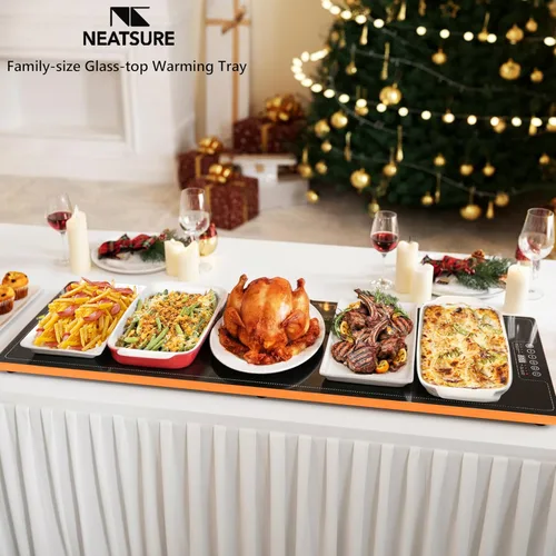 Miniatura 2 de Bandeja de calentamiento de alimentos para bufé de fiestas, 40"x14" extra grande larga con superficie de vidrio, tapete calentador eléctrico con 9