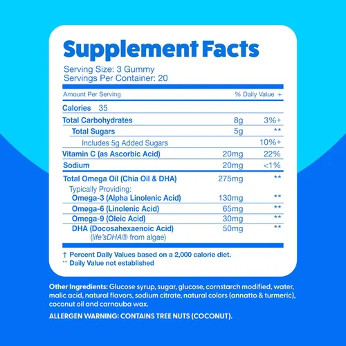 Miniatura 4 de Gomitas Omega 3 6 9 + DHA a base de plantas para niños y adultos - Suplemento vegetariano Omega con vitamina C y chía - Apoyo cerebral e