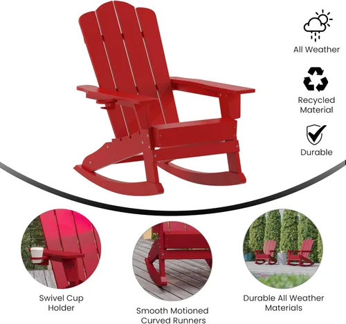 Miniatura 4 de Flash Furniture Newport Adirondack - Silla mecedora con soporte para tazas, resistente a la intemperie, de poliresina Adirondack, color rojo