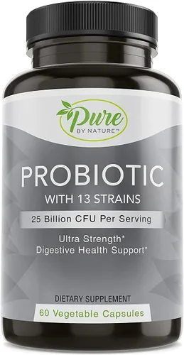 Pure By Nature Probióticos para mujeres y hombres, 13 cepas con 25 mil millones de UFC, probióticos para la salud digestiva, salud intestinal, apoyo