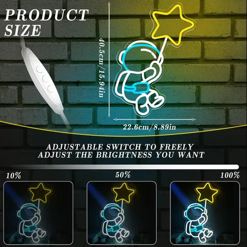 Miniatura 2 de Letrero de neón de estrella de astronauta, luz LED de neón para decoración de pared, regulable, astronauta sosteniendo estrellas, luces