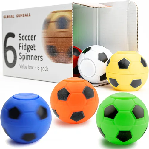 Global Gumball Fidget Spinners – Bolas antiestrés de 2 pulgadas en la caja de regalo – 6 piezas de recuerdos de fiesta de fútbol para niños – Mini