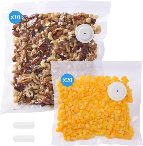 30 bolsas de sellado al vacío reutilizables mejoradas para alimentos + 2 clips, 20p 8 x 8 pulgadas + 10 p 10 x 11 pulgadas, sin BPA, 5 veces más