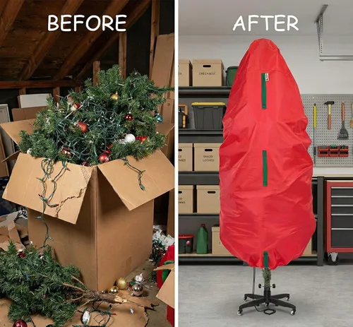 Miniatura 7 de Bolsa de almacenamiento vertical para árbol de Navidad - Se adapta a árboles artificiales de 7 pies y árboles topiarios de Navidad, cubierta Rojo