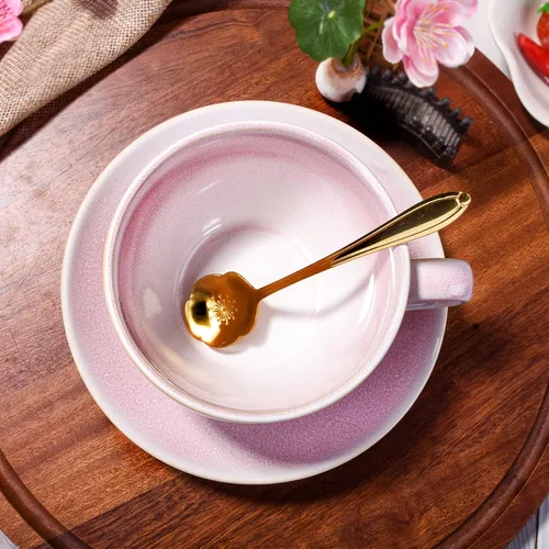 Miniatura 5 de Juego de taza de café y platillo de cerámica azul con cuchara dorada, juego de tazas de té artesanales de esmalte azul profundo de 10 onzas, taza