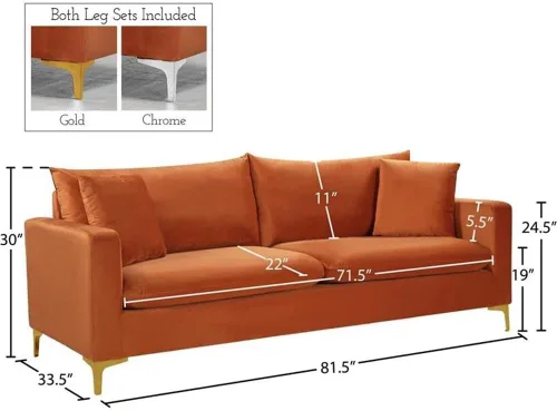 Miniatura 3 de Meridian Furniture 633Cognac-S Colección Naomi Modern Sofá tapizado de terciopelo contemporáneo con acolchado de canal profundo y patas de acero