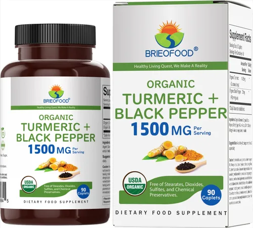 Brieofood Cúrcuma orgánica con pimienta negra 1500 mg, 45 porciones, vegetariana, sin gluten, 90 tabletas vegetarianas