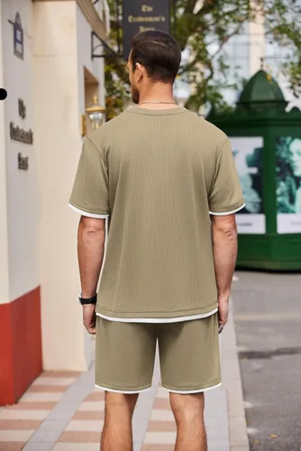 Miniatura 68 de COOFANDY Conjunto de camisa y pantalones cortos de gofre para hombre, conjunto de 2 piezas, conjunto casual de verano con bolsillos