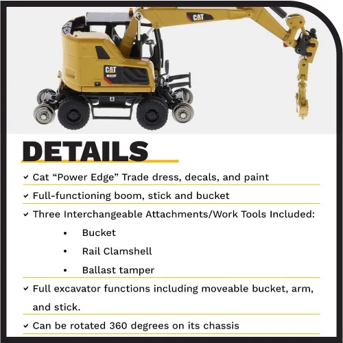 Miniatura 2 de Excavadora de ruedas para ferrocarril Caterpillar M323F 1:87 - Versión amarilla Cat - (HO) Modelo de la serie High Line por Diecast Masters - 85656