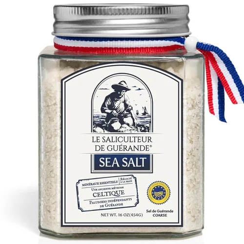 Le Saliculteur - Sal marina gris francesa, método celta tradicional, sal mineral gruesa sin refinar de 16 onzas, certificado PGI, tarro de vidrio
