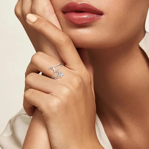 Miniatura 3 de ChicSilver Anillo de luna y estrella de plata de ley 925 con piedra natal luna creciente ajustable anillo de banda abierta regalo de cumpleaños