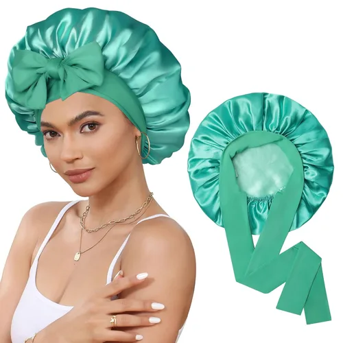 Miniatura 29 de Gorro de satén de seda para dormir, gorro de seda de doble capa con banda elástica para cabello rizado Negro+marrón