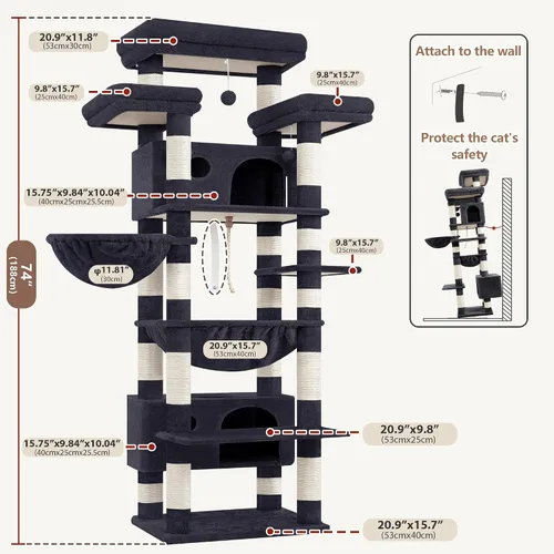 Miniatura 7 de Gitelsnour Árbol para Gatos de Interior Gatos Grandes Adultos, Torre para Gatos de 74" con 3 Plataformas Grandes, 2 Canastas, 2 Condos, Postes Gris