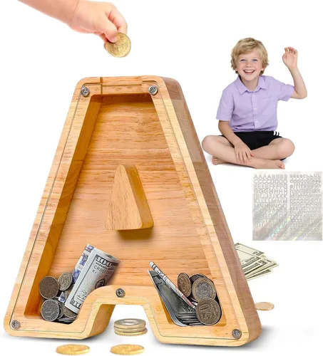 Alcancía de Madera Personalizada con Letras del Alfabeto, Banco de Monedas con Letras del Alfabeto para Niños, Niñas y Bebés, Tamaño Grande, 26