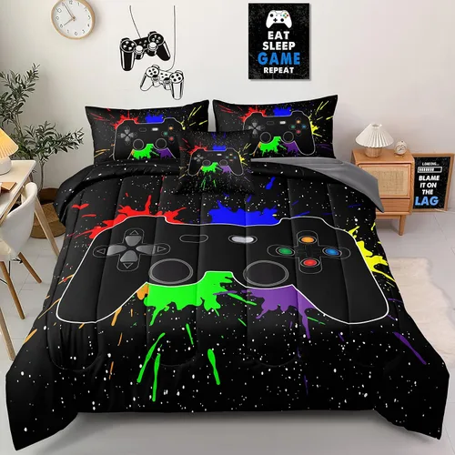 Miniatura 8 de Juego de ropa de cama de 5 piezas con estampado de videojuegos tamaño individual para niños, niñas, adolescentes, ropa de cama de 5 piezas en una