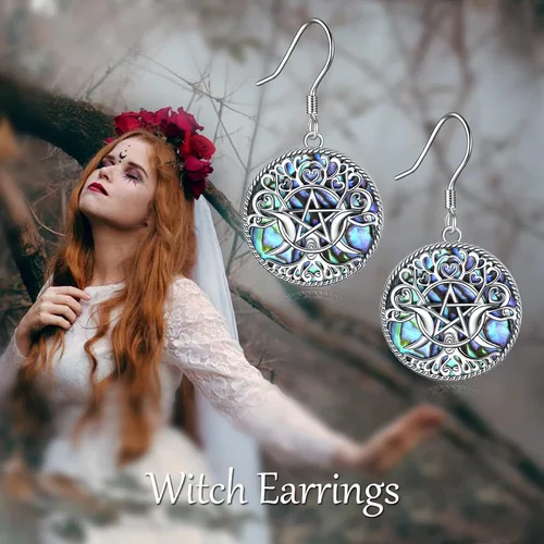 Miniatura 6 de YFN Aretes de plata de ley con triple luna y pentagrama de pentáculo, amuleto mágico de Wicca pagana, joyería de árbol de la vida para mujer