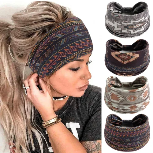 Miniatura 25 de FULZTEY Diademas bohemias para mujer, elegantes diademas con estampado floral, turbante de nudo ancho, elástico, para yoga, correr, entrenamiento