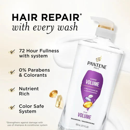 Miniatura 2 de Pantene Champú, volumen transparente, nutrición ligera para cabello fino y teñido con color, plenitud y cuerpo de 72 horas, 27.7 onzas cada uno