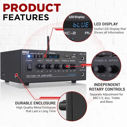 Miniatura 6 de Pyle Mini amplificador de potencia para el hogar compacto - Receptor estéreo de audio pequeño inteligente de 40 W con micrófono AUX 2 EN