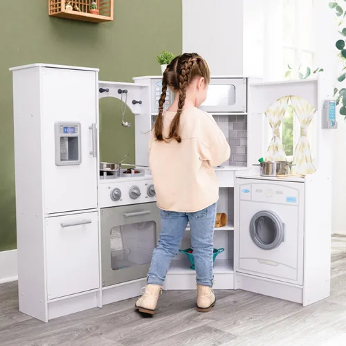 Miniatura 2 de KidKraft Ultimate - Cocina de madera de esquina con luces y sonidos, teléfono de juego y cortinas, blanco