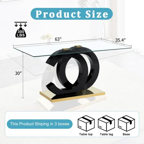 Miniatura 3 de gopop Mesa de comedor de cristal de 63 pulgadas, mesa de cocina moderna, mesa de comedor de vidrio transparente con patas de diseño único negro