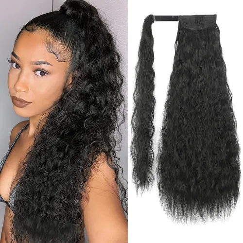 Miniatura 16 de Extensión de cola de caballo ondulada larga con pegamento mágico, resistente al calor, sintética, para envolver, cabello ondulado, para mujer