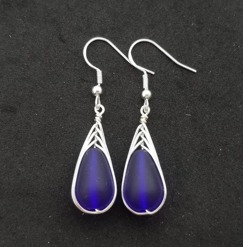 Miniatura 4 de Yinahawaii Handmade Sea Glass Earrings, Hawaiian Jewelry, Wire Braided Earrings Teardrop Earrings, Beach Jewelry Sea Glass Jewelry For Women Cobalt