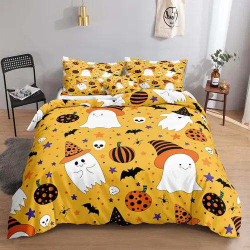 Miniatura 31 de Juego de funda de edredón de calabaza para Halloween, divertido diseño de calabaza malvada, color negro, juego de ropa de cama Tiwn 1 funda