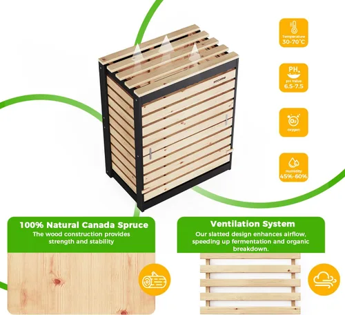 Miniatura 5 de Cubo de Compostaje de 95 Galones de Madera Sólida, Cubo de Compostaje para Exteriores con Puerta Deslizante, Cubo de Compostaje Grande para el Patio