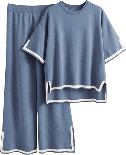 Tanming - Conjuntos de suéter para mujer, 2 piezas, conjuntos de lounge, tops de punto de manga corta, pantalones de pierna ancha