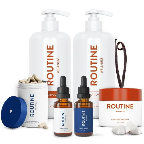 Paquete Routine Wellness - Juego de Champú y Acondicionador para Cabello Fino, Dos Sueros para la Salud del Cuero Cabelludo, Suplemento para el