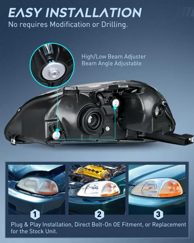 Miniatura 8 de Nilight - Conjunto de faros delanteros compatibles con Honda Civic 1996 1997 1998, reemplazo de faros delanteros, carcasa cromada, reflector ámbar