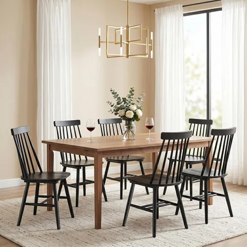 Miniatura 4 de Juego de 2 sillas de comedor negras, juego de 2 sillas de comedor de madera, sillas de comedor de madera, husillo lateral de granja, sillas Windsor