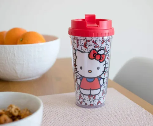 Miniatura 6 de Silver Buffalo Sanrio Hello Kitty Patrón Vaso de Viaje de Doble Pared con Tapa de Cierre Deslizante, 20 Onzas, 16oz Caras por Todas Partes, 1 Unidad