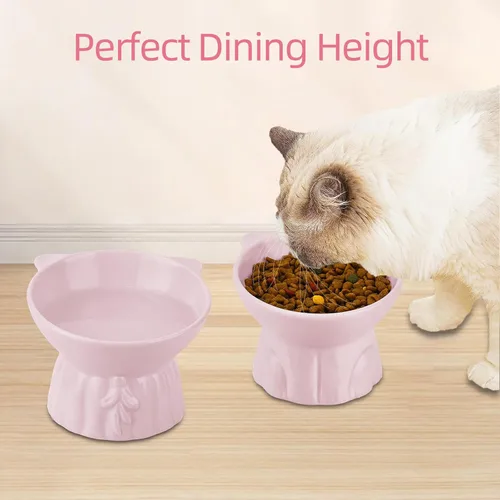 Miniatura 4 de Paquete de 2 cuencos elevados para gatos, platos elevados de cerámica para alimentos y agua para gatos, diseño extra ancho y poco profundo, Rosa
