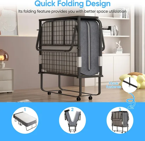 Miniatura 6 de Mjkone Cama plegable con colchón, cama rodante para adultos con cabecero y bolsa antipolvo, cama plegable portátil de 5 pulgadas para huéspedes